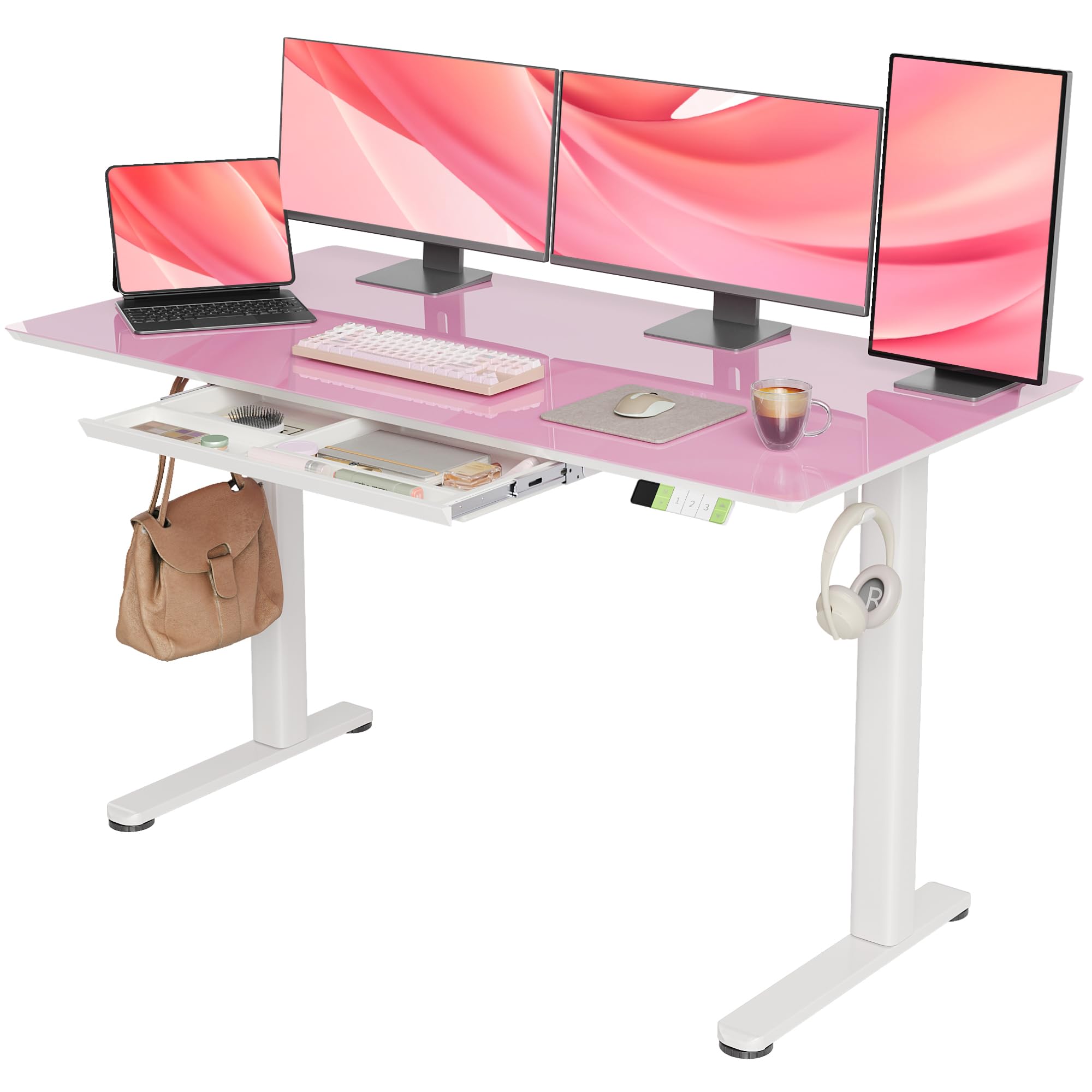 INNOVAR Glass Standing Desk with Drawers, Adjustable Height Stand Up Desk, Electric Standing Desks with Storage, 55 inch, Morandi Powder