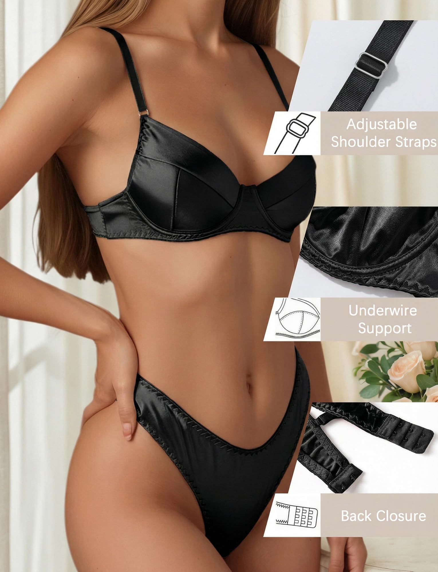 SEAUR Damen Satin-Dessous-Set Sexy Unterwäsche-Set Ohne Polsterung Unterwirkter BH mit String 2-teilig