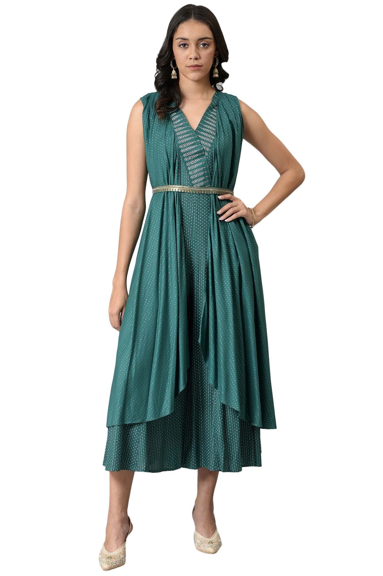 W For Womangreen Gilet Kimono Jumpsuit With Embellished Belt