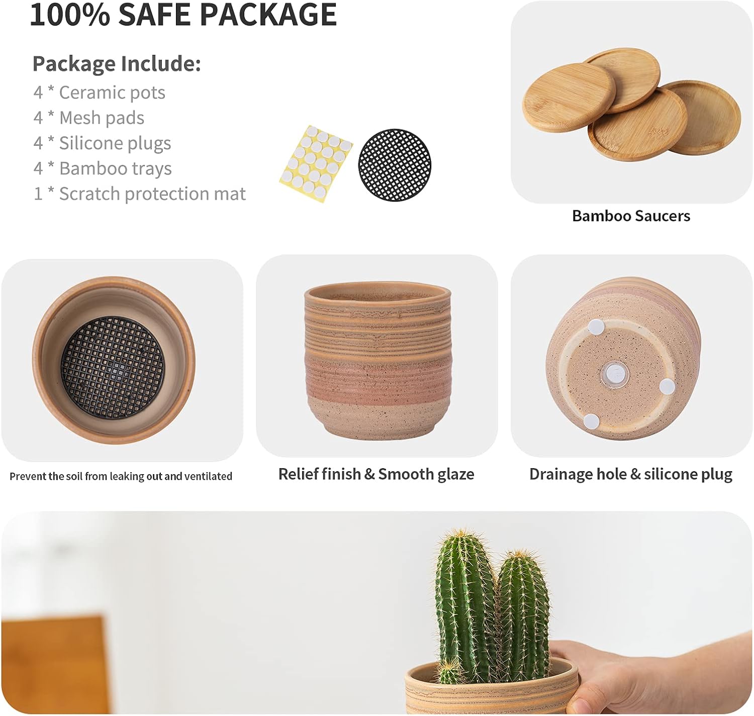 BABALIU 5.25 + 4 Inch Ceramic Garden Plant Pots with Drainage Hole and Bamboo Saucers, Unglazed Planters for Indoor and Outdoor Plant, Set of 4 : Patio, Lawn & Garden