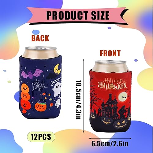 Miniatura 2 de 12 fundas para latas de Halloween, de 12 onzas, fundas para enfriadores de latas de Halloween, casas encantadas, fantasma, gato negro, calabaza,