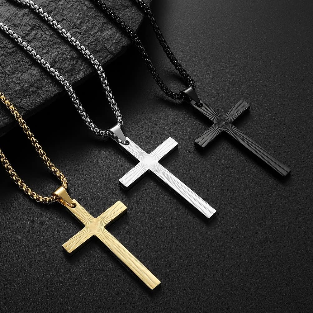 Men Cross Necklace,Stainless Steel Silver/Gold/Black Pendant Necklace Jewelry，60cm Rolo Chain - Image 4