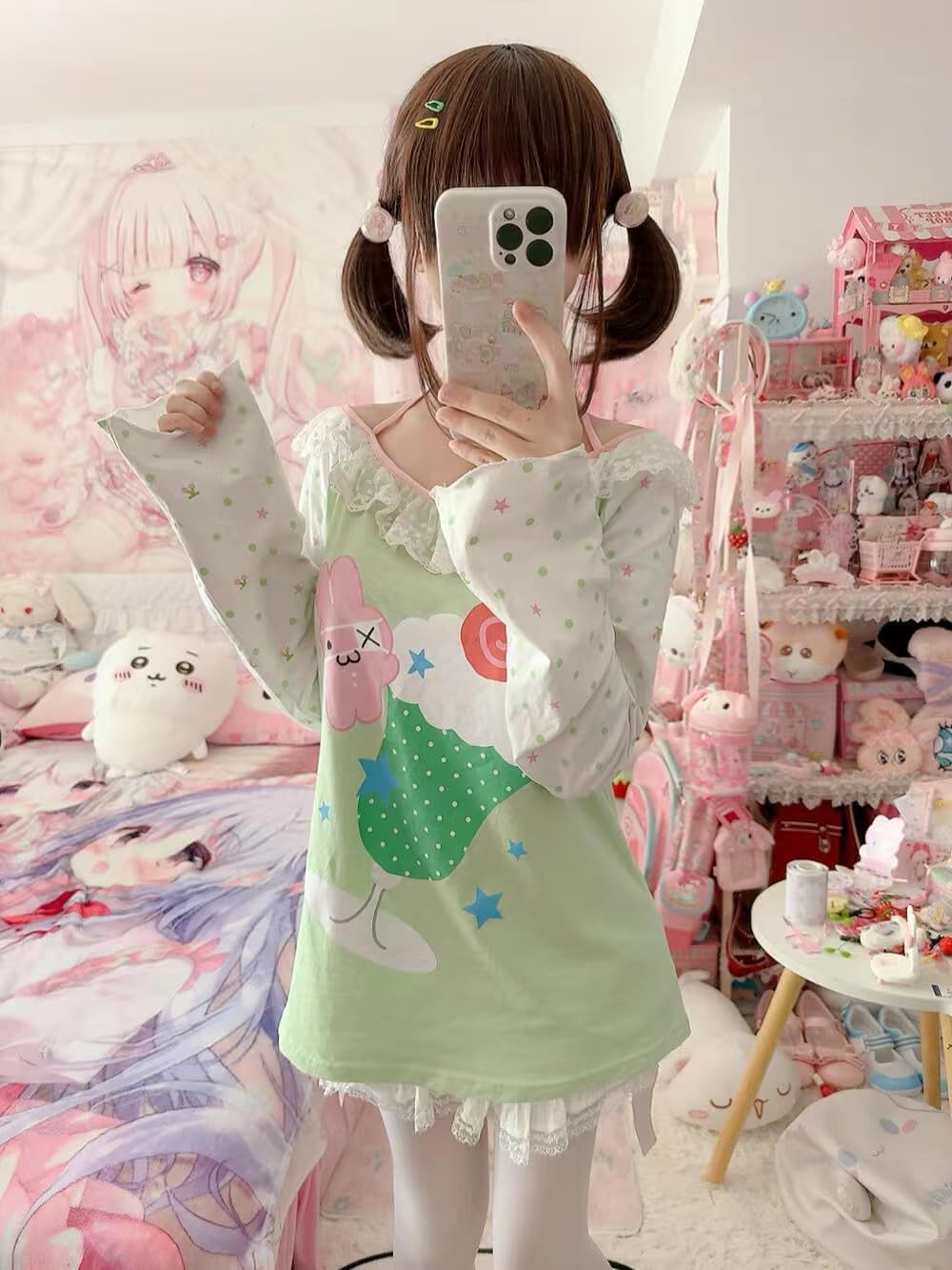 Womens Y2K Kawaii Print Sweatshirt Off Shoulder Lace Patchwork Tops Cute Japanese Graphic Casual T-Shirt - Image 3