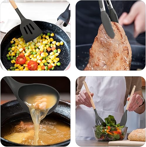 Miniatura 5 de Juego de utensilios de cocina, 5 utensilios de cocina de silicona antiadherentes con mango de madera, juego de utensilios de cocina de espátula de