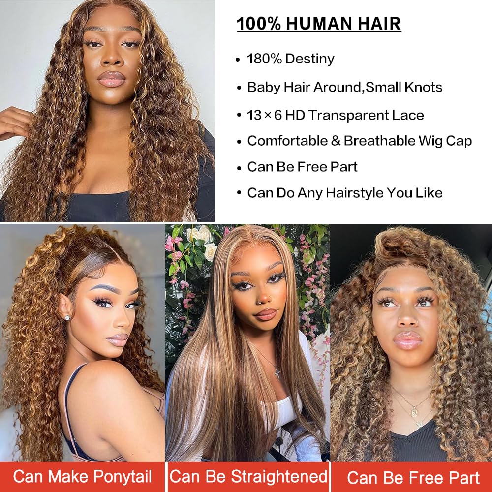 30inch Highlight Ombre Lace Front Wig Human Hair 13x6 HD Honey Blonde 4/27 Deep Wave Lace Front Wigs Human Hair 200 Density Glueless Wigs Human Hair Pre Plucked