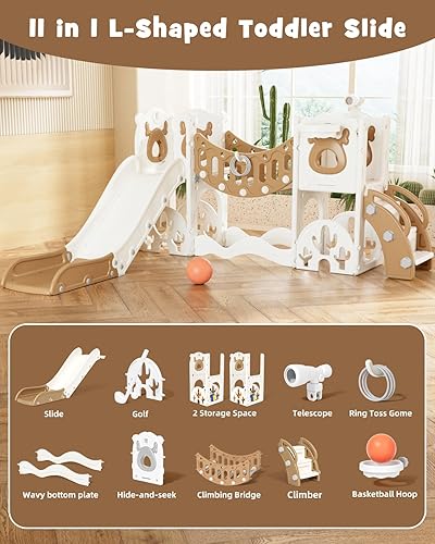 Miniatura 3 de YUFU Juego de toboganes infantiles 11 en 1 para niños pequeños de 1 a 3 años, juego para niños pequeños con puente de escalada, juego de golf, aro