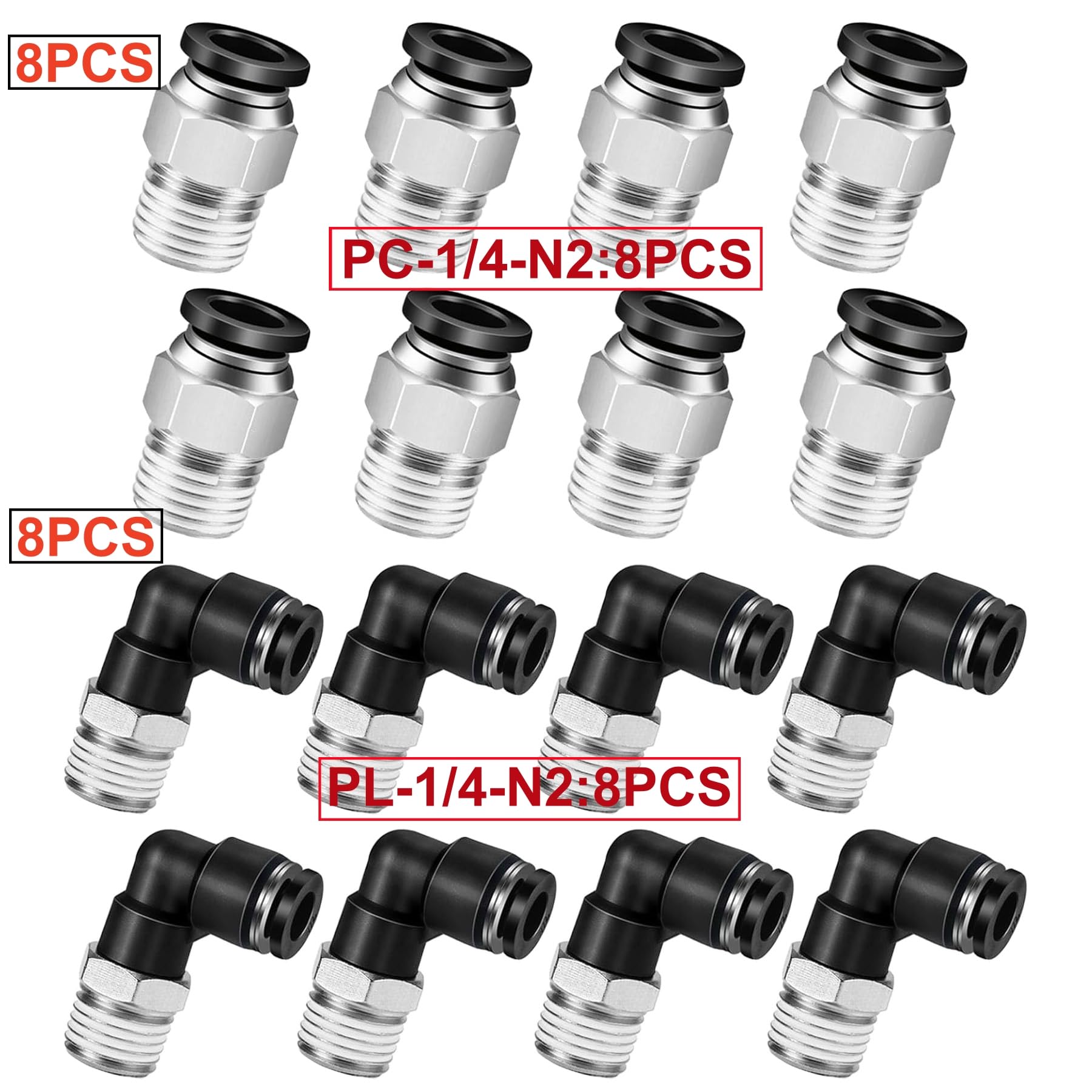 16Pcs Raccordi a gomito e diritti combinati 6MM OD tubo x 1/4 di pollice filettatura PC6-N2+PL6-N2,90 Gradi Spingere in CollegAmento Raccordo Pneumatico,Raccordi Pneumatici a Innesto Rapido