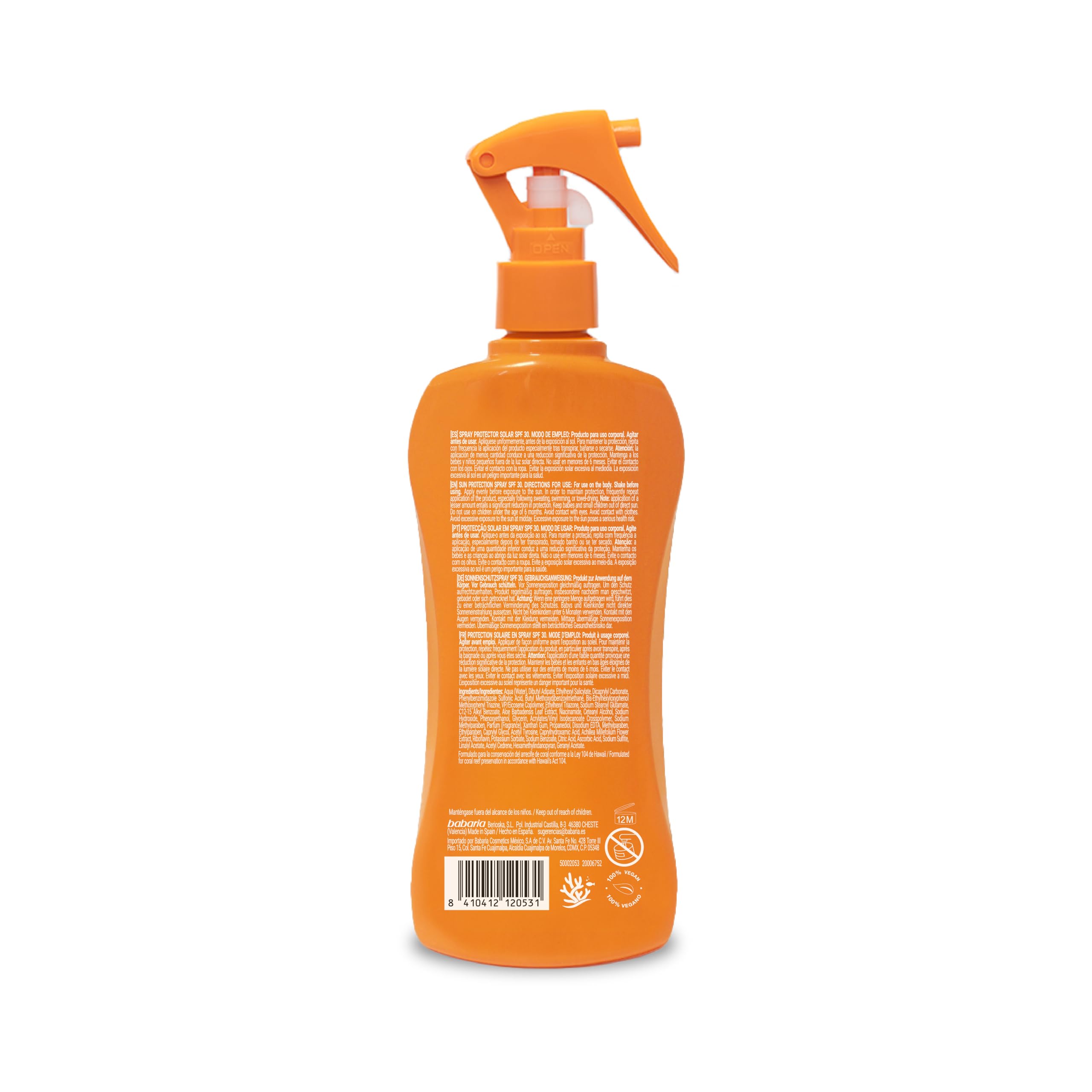 Babaria - Bronceador Crema Solar SPF30 en Spray Pack de 2 | Acelerador Bronceado | Apta Para Pieles Sensibles | Coral Friendly y Biodegradable | Resistente al Agua | Vegano | 200 ml