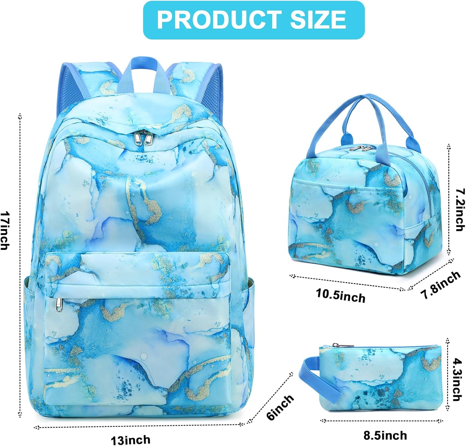 Bluboon Teen Girls School Backpack Kids Bookbag Set with Lunch Box Pencil Case Travel Laptop Backpack Casual Daypacks (Marble Gold blue) - Image 3