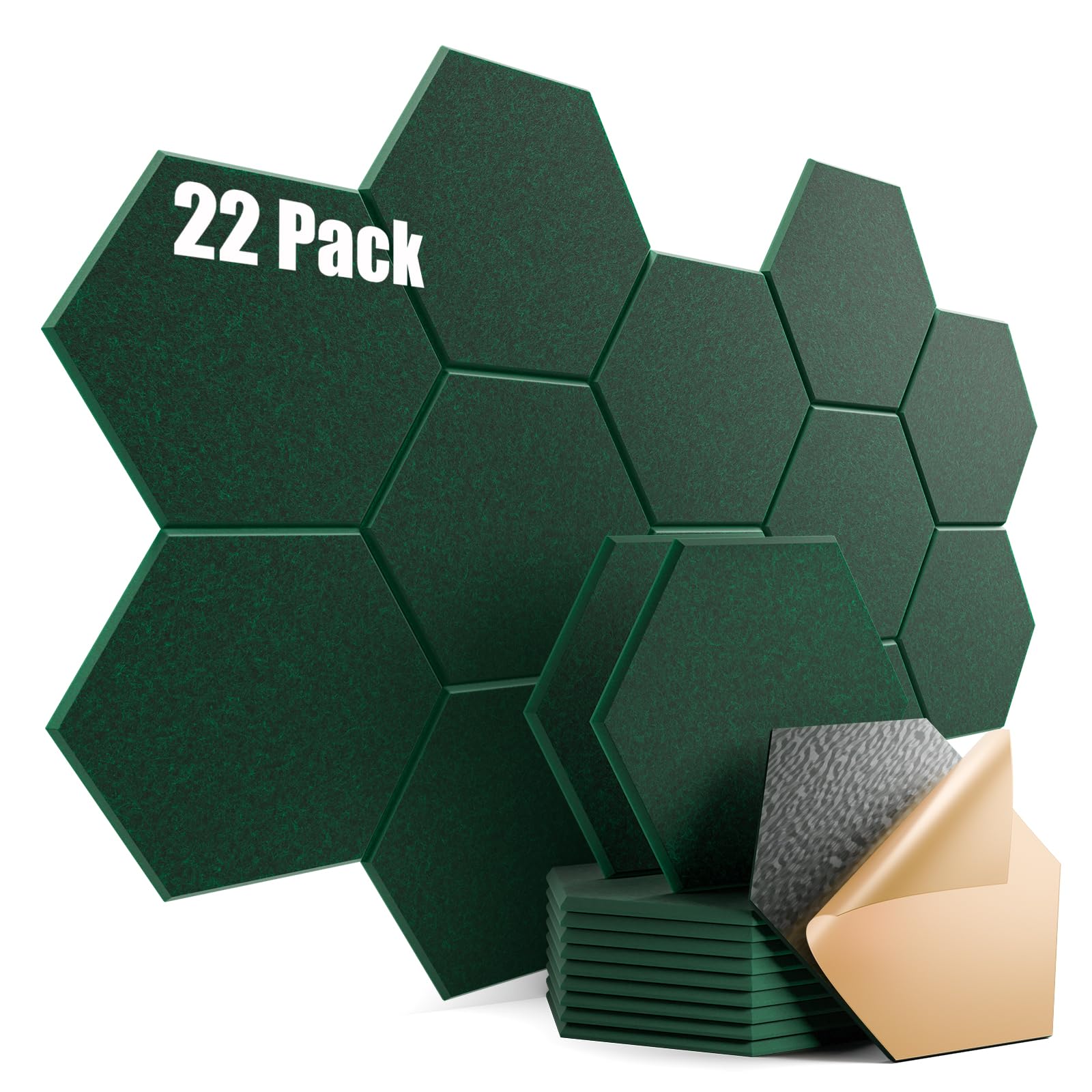 22 Pack Self-Adhesive Acoustic Panels 12" X 10" X 0.4" - Sound Proof Foam Panels with High Density, Stylish Hexagonal Design, Flame Resistant, Absorb Noise and Eliminate Echoes(Ink Green)