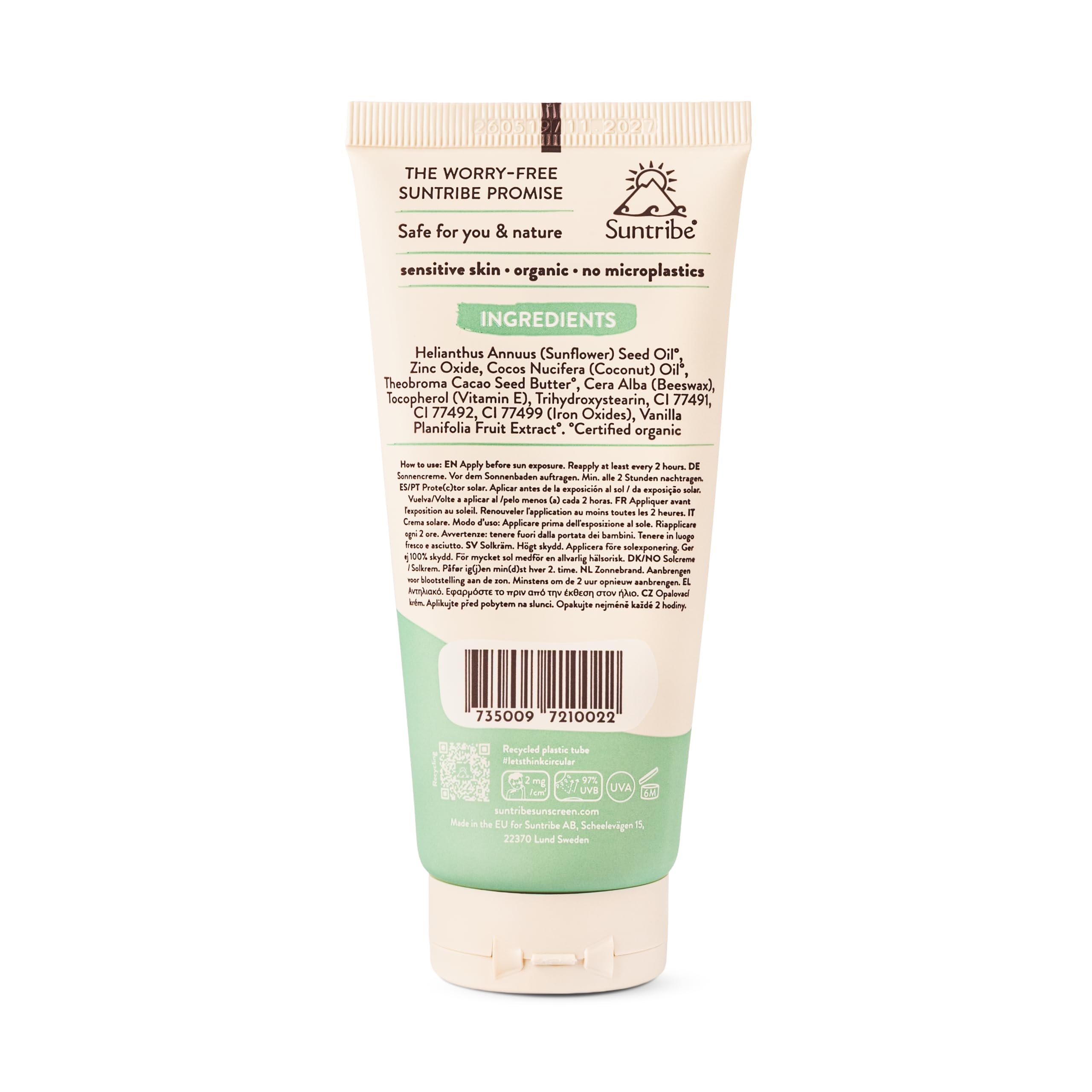 Suntribe Mineralny ekologiczny krem przeciwsłoneczny SPF 30 – ciało i twarz – wolny od nanopowłoku tlenek cynku (mineralny filtr UV) – Reef safe/ryfowany – 8 składników – wodoodporny (100 ml)