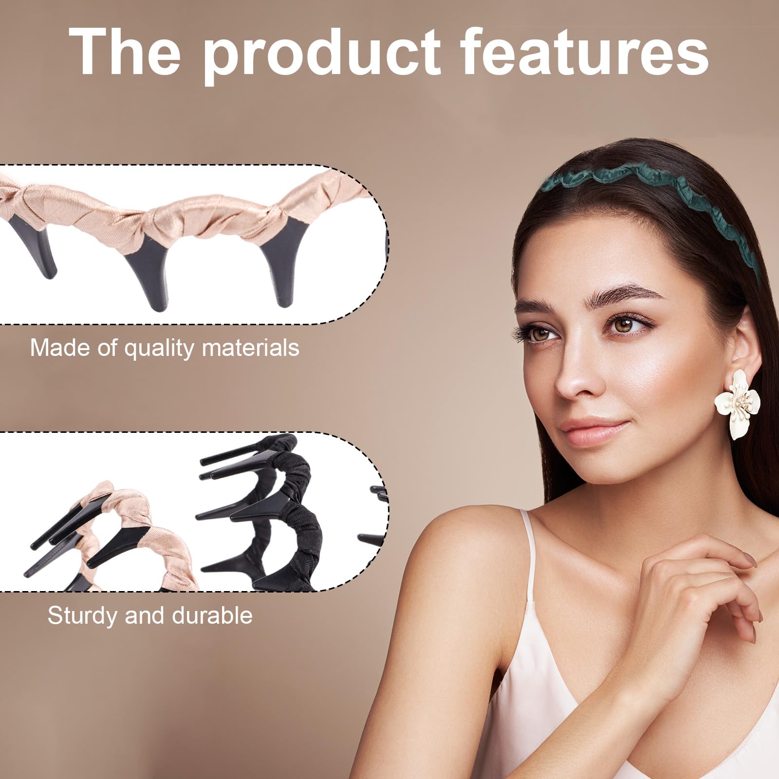 3pcs Satin Skull Headbands for Women Reversible Vintage High Cranium Bead Hair Band with Anti-Slip Teeth Retro Fashion Braided Hairband Accessories for Wedding Party Daily Wear (Black - Image 4