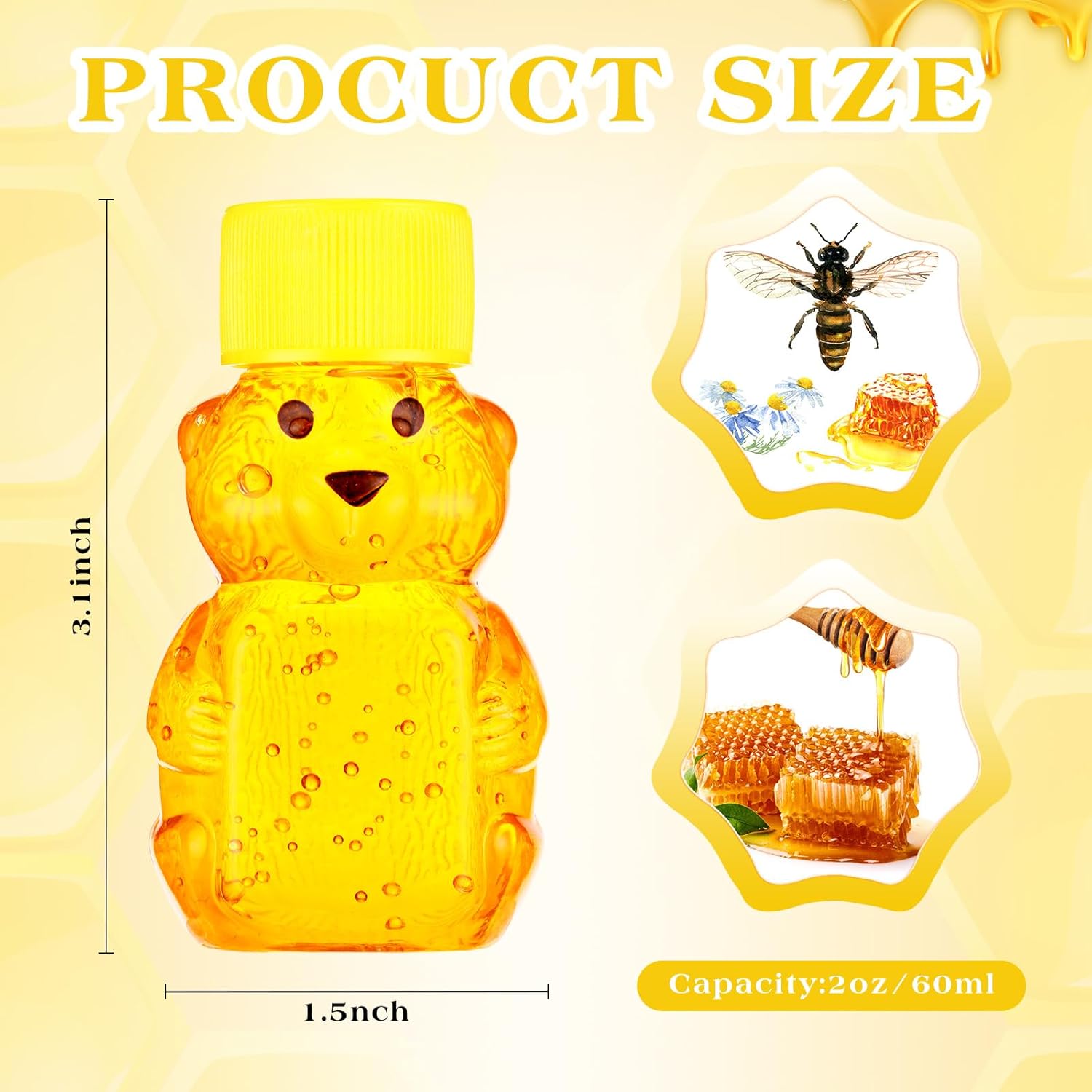 Patelai 120 Pcs Plastic Honey Bear Bottle Bear Shape Clear Honey Containers Empty Dispenser with Yellow Lid Jars Cup to Store Dispense Holiday Baby Shower Gifts(60ml/2oz)