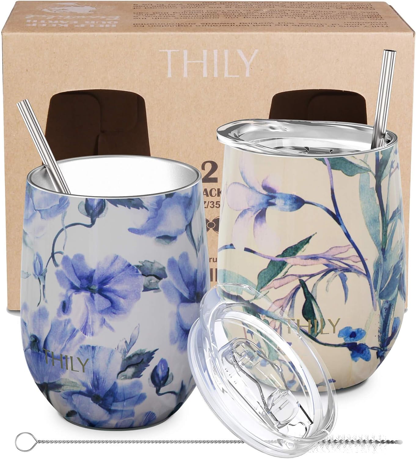 THILY Stainless Steel Insulated Wine Tumbler Stemless Wine Glass with Sliding Lid and Straw - Image 5