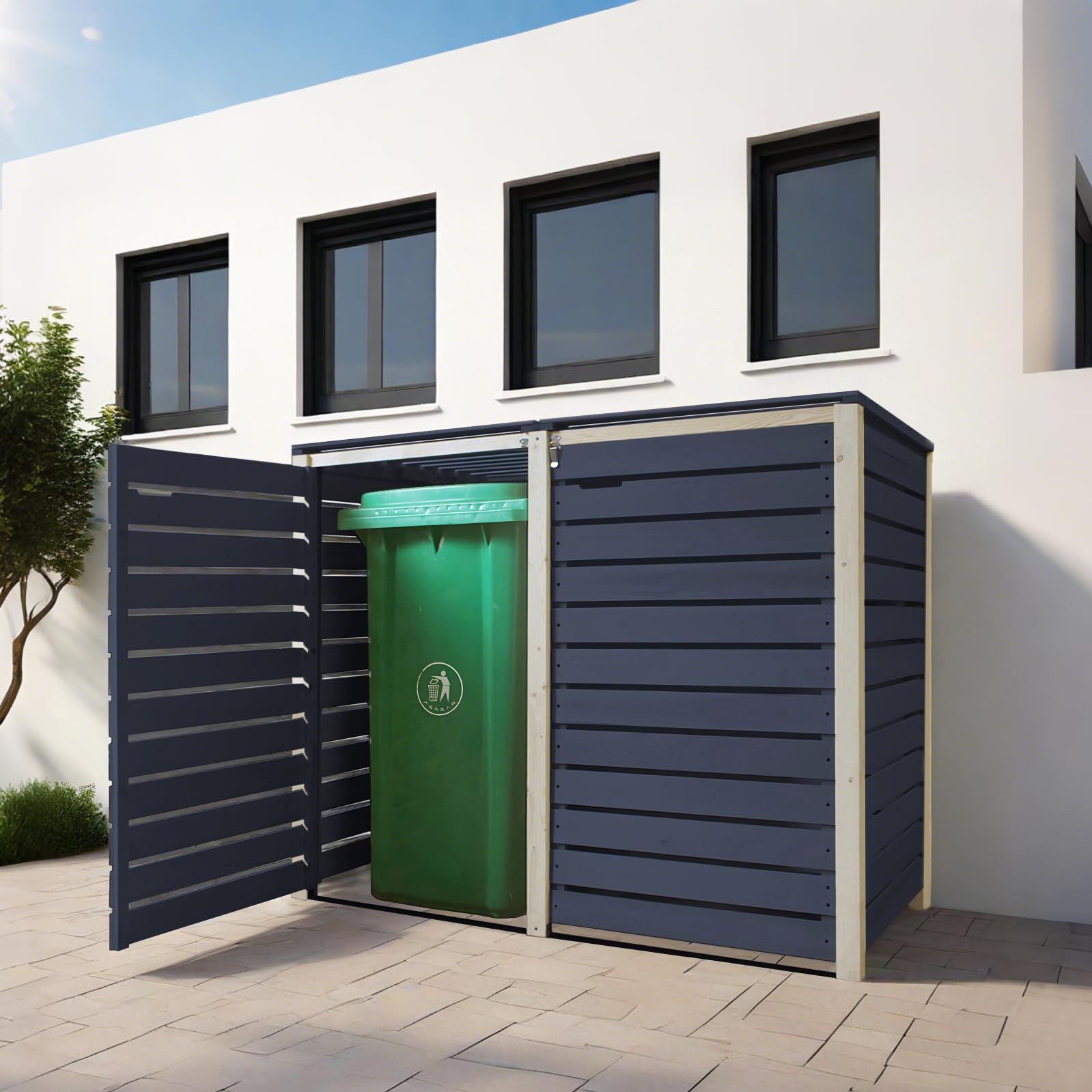 Mülltonnenbox 240L Mülltonnenverkleidung Mülltonnecontainer Holz vorimprägniert in anthrazit, Pfosten naturbelassen mit Rückwand Mod.HH (2 Tonnen anthrazit-Natur (AN))