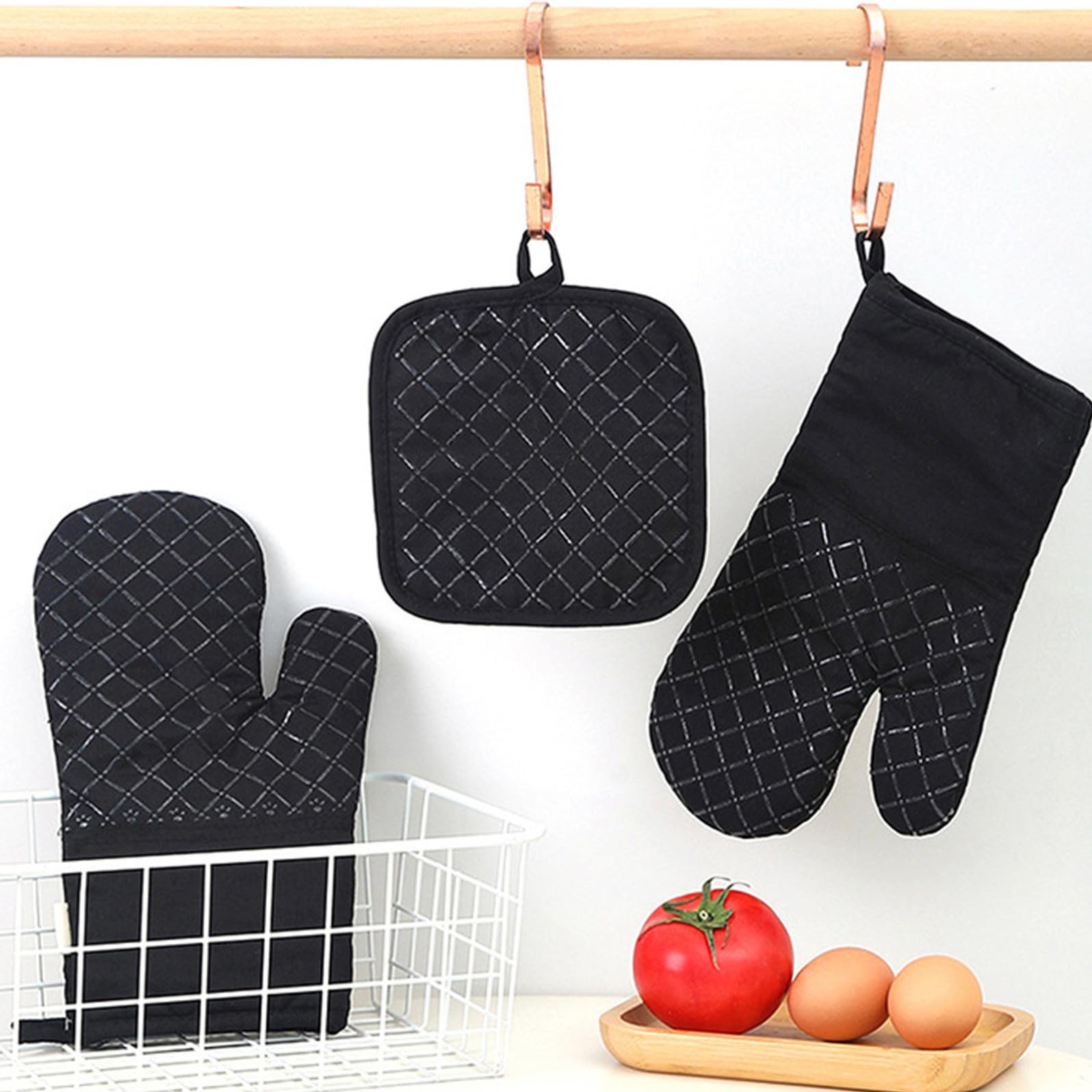 GALPADA Set da Cucina Presine Isolanti Antiscivolo in Cotone e Silicone 5 Grembiule Regolabile 5 Guanti da Resistenti al Calore per Feste e Servizio