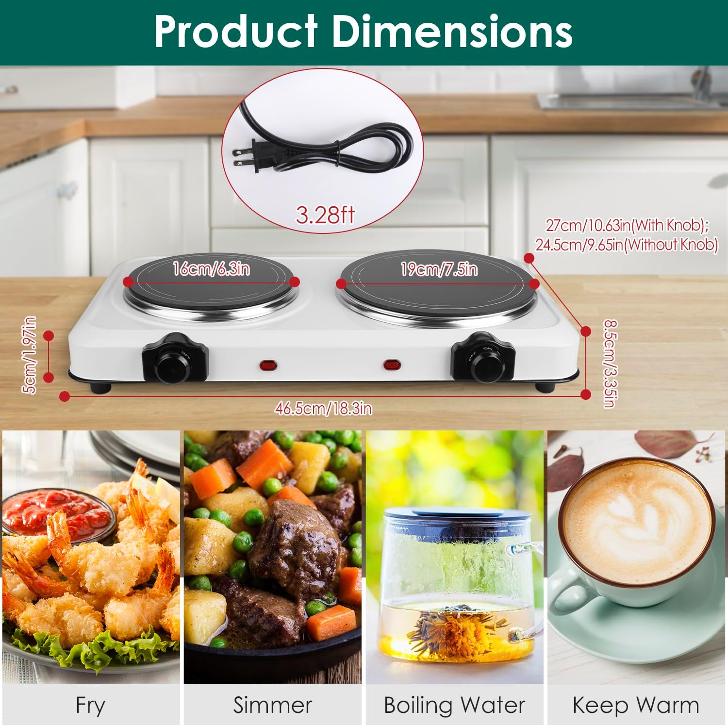 1800W Electric Hot Plate for Cooking, Dual Control Infrared Burner Cooktop Portable Heating Hot Plate Stove Countertop RV Hotplate with Glass Cooktop Stepless Temperature Adjustments for Home Camp
