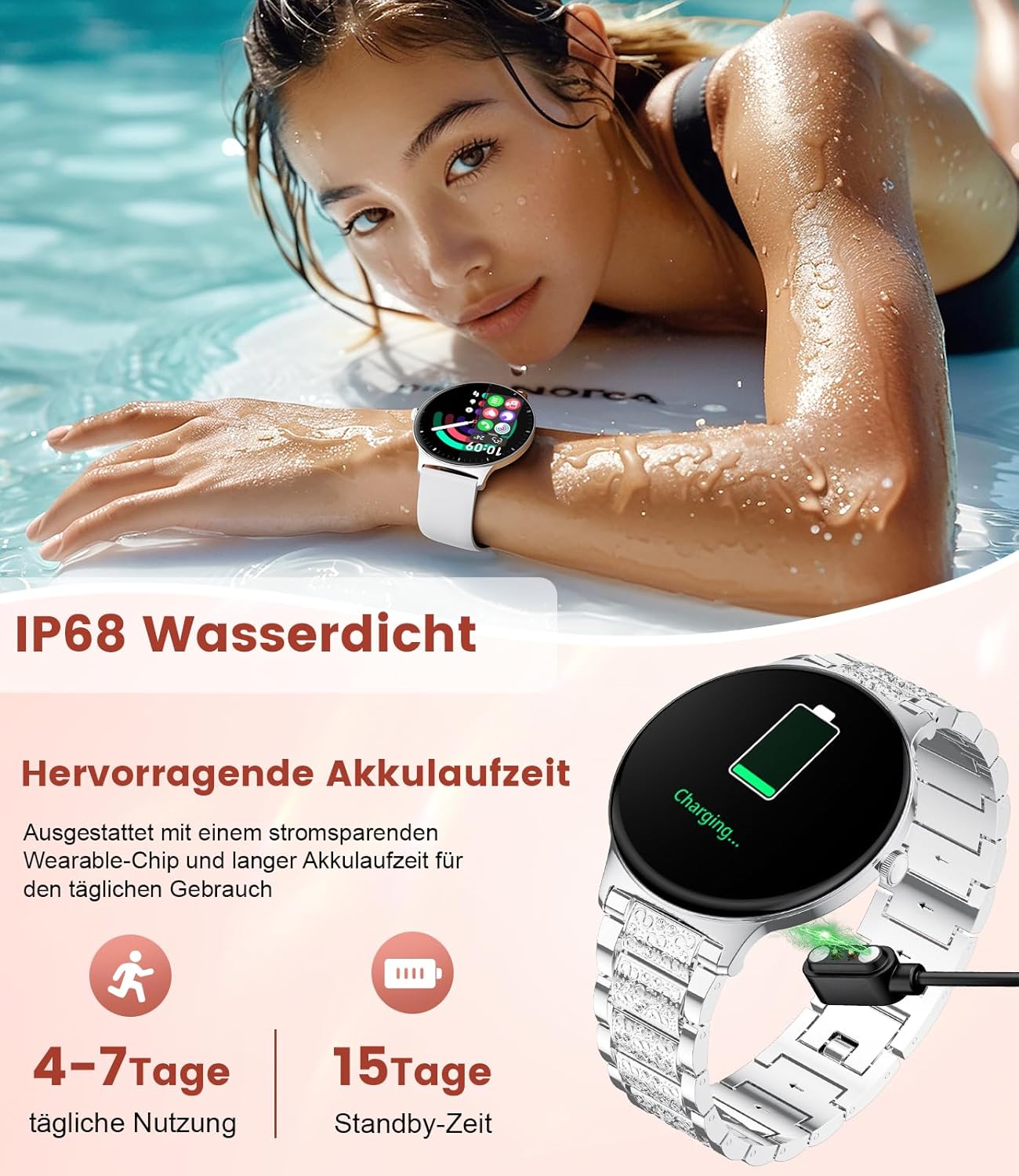 LIGE FV12 Smartwatch being charged with a magnetic cable, showing battery life and IP68 water resistance.