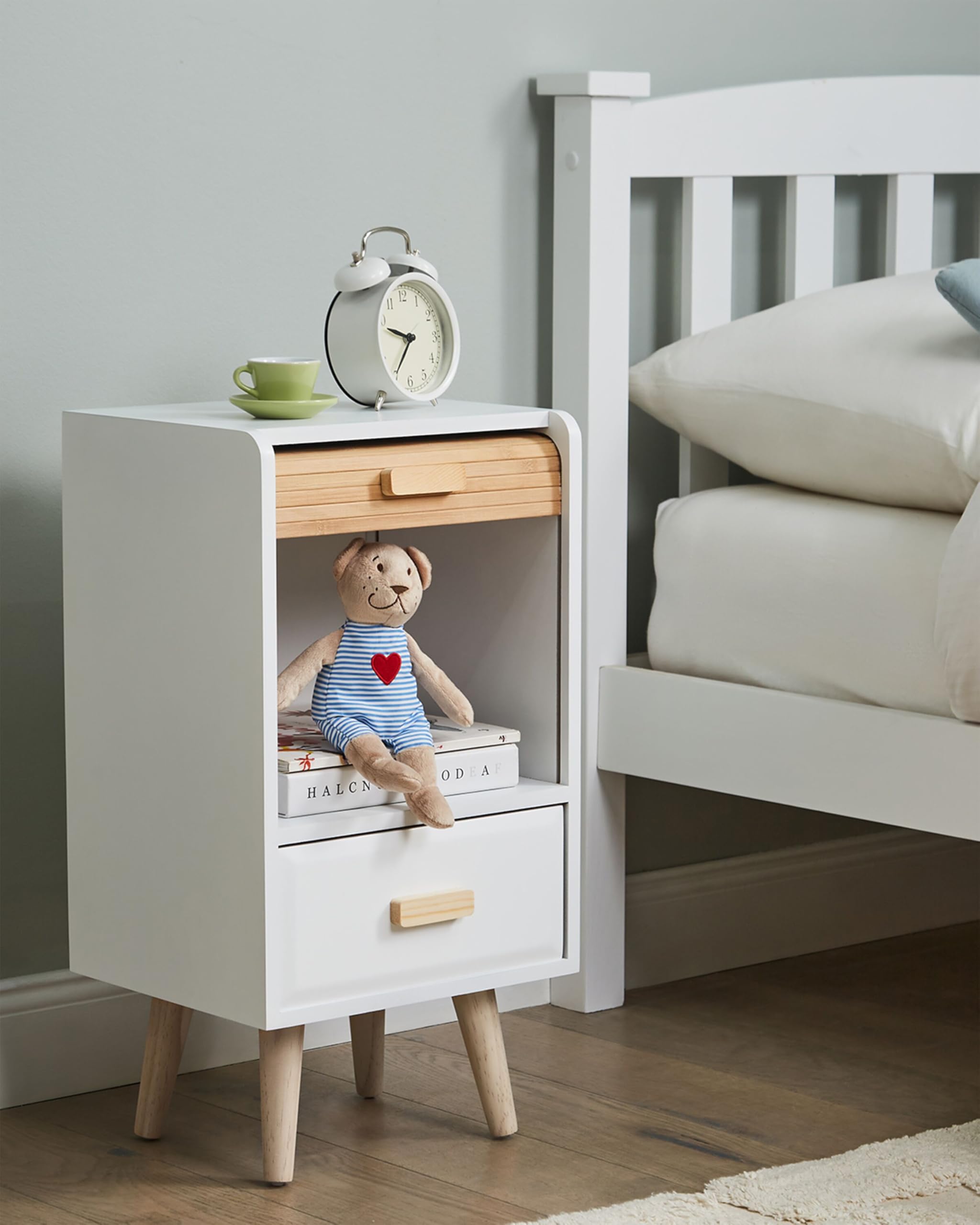 Beliani Table de Chevet Moderne Table de Nuit 1 Tiroir et 1 Etagère Bois Clair et Blanc Nesika