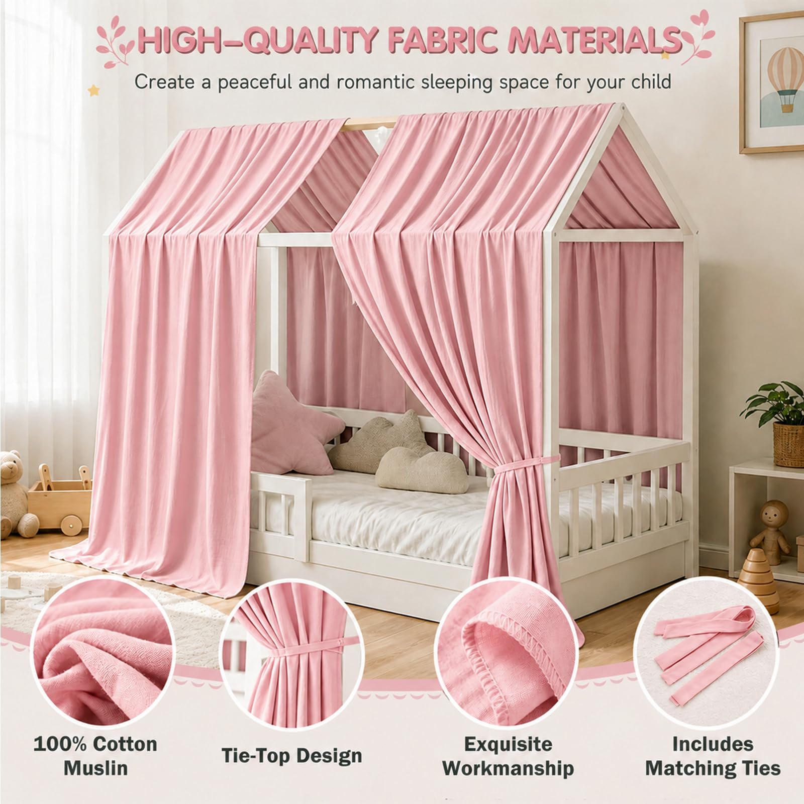 Dosel para cama de casa, 2 piezas, muselina para camas de casa para niñas y niños, cortina de cama con dosel, cortinas para cama infantil, decoración de habitación infantil (rosa, 135 x 350 cm