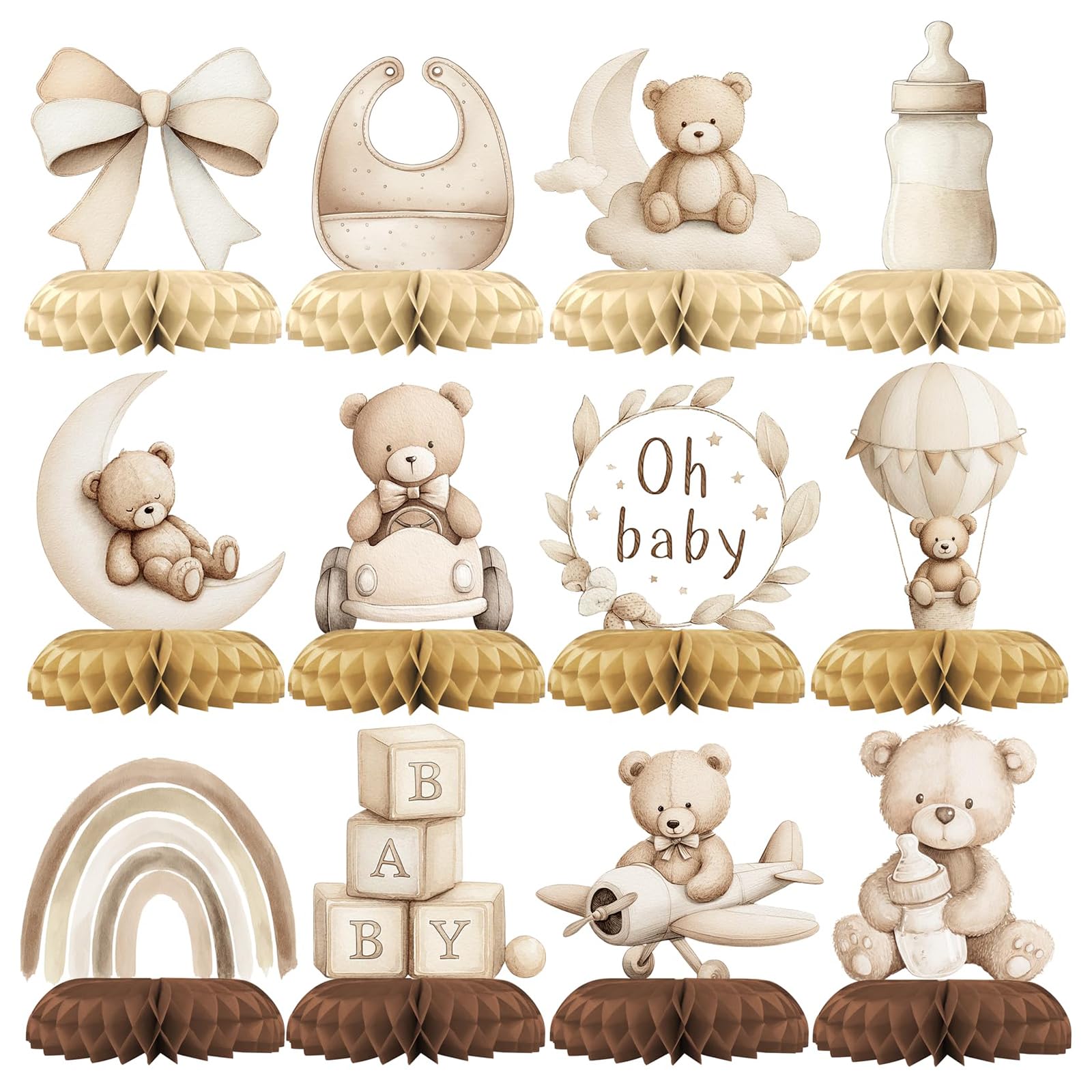 exylosluxek 12 Brown Bear Baby Party Beehives - Oh Baby Table Decorations and Baby Shower Table Decorations Brown, Teddy Bear Theme Birthday Decor Set for Kids Celebration