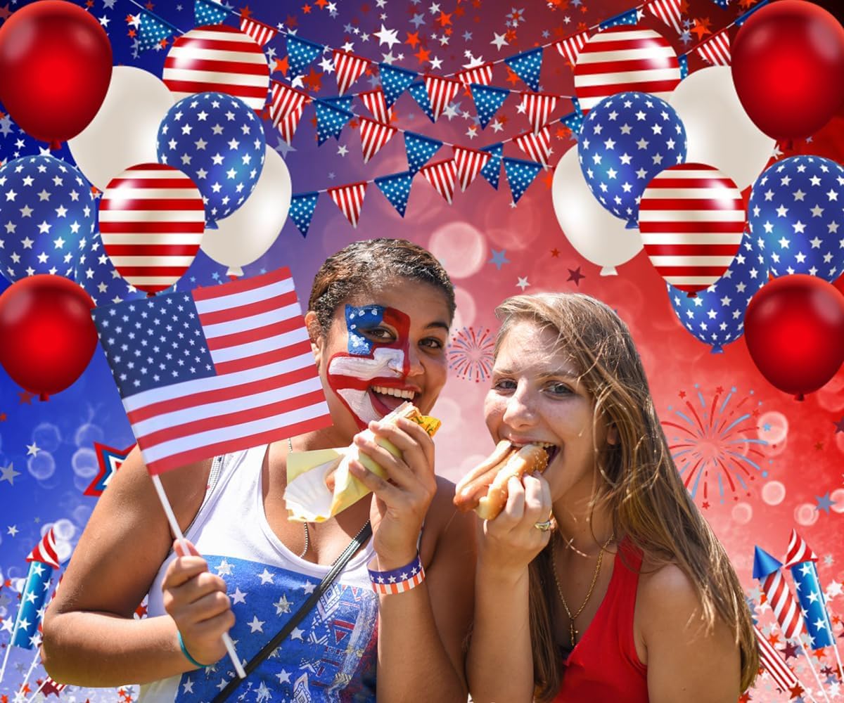12x10ft US Flags 4th of July Backdrop Veteran Day Memorial Day Photography Background America Flag Pattern Balloons Party Decorations Studio Photo Booth Props