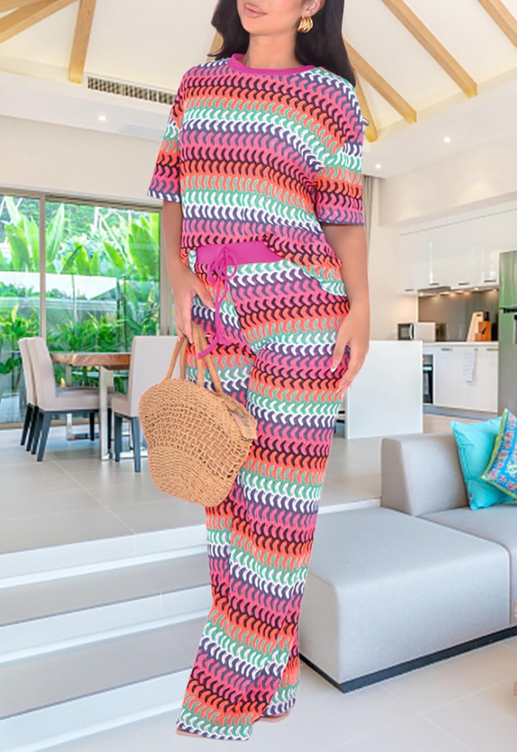 Two Piece Cover Up Sets for Women Crochet Knit Hollow Out Striped Short Sleeve Tops Wide Leg Pants Sweater Outfits - Image 6