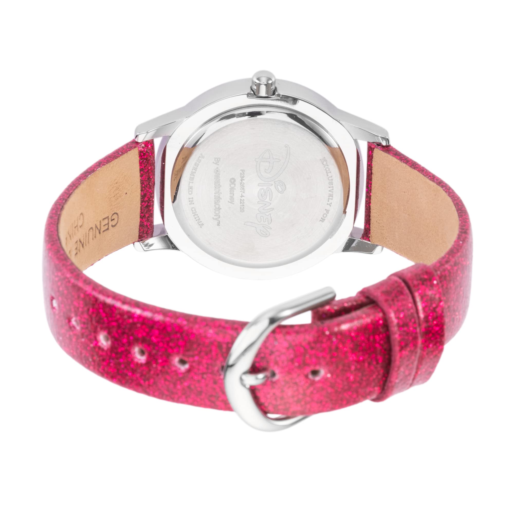 Disney Minnie Mouse - Orologio analogico in acciaio inox per bambini, con cinturino in pelle, cassa liscia, rosa, striscia, rosa, striscia