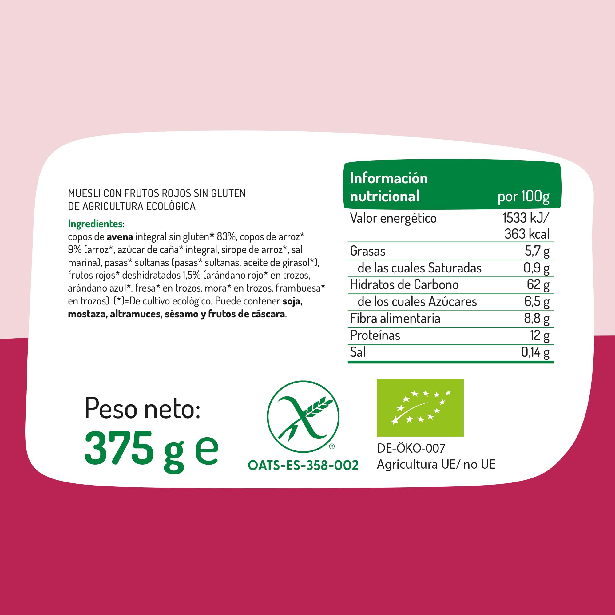 El Granero Integral - Muesli Frutos Rojos Sin Gluten Bio - 375 g - Fuente de Fibra y Nutrientes Esenciales - Mejora la Salud Intestinal - Ideal para el Desayuno - Apto para Veganos