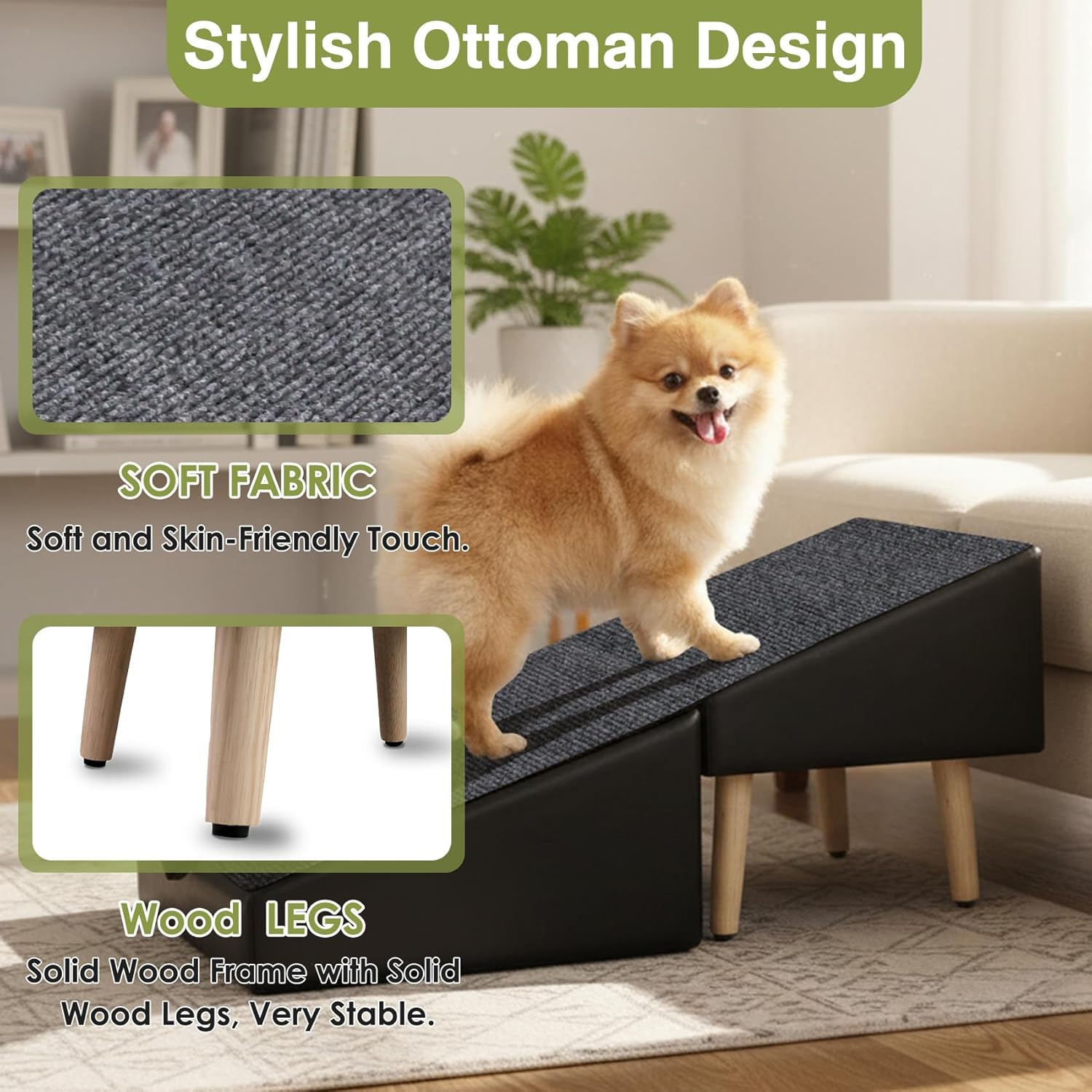 Split Ottoman Dogs Ramp, Dog Ramp for Couch and Bed, Dog Stairs for Small Dogs and Cats, 2-in-1 Foldable Wooden Pet Stairs and Ottoman, Non-Slip Fabric Surface Ramp for Couch and Bed Black XXXL
