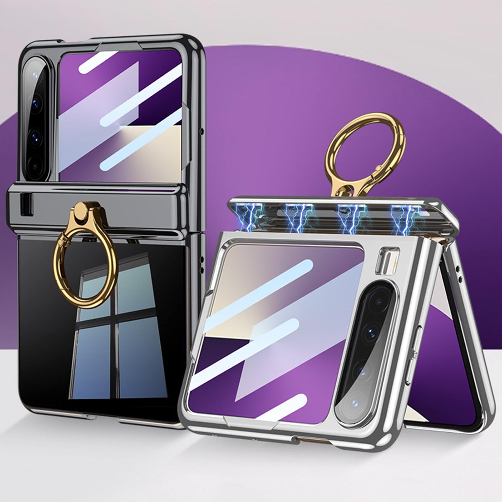 Enchapado Carcasa para Huawei Pura X, Ultrafina Transparente Funda con Soporte de Anillo Anti-caída Protección Estuche,Negro,Pura X