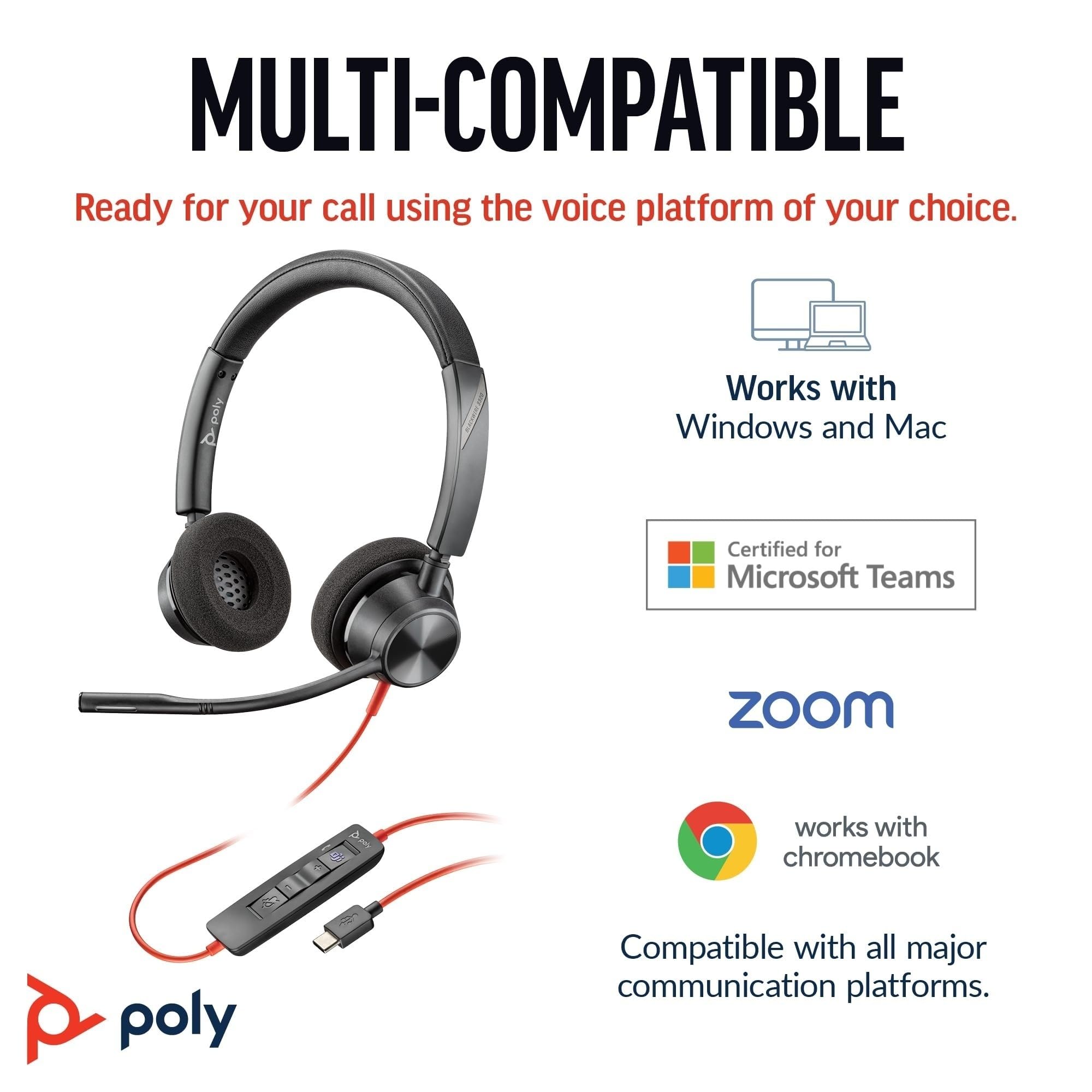 Poly Blackwire 3320, Cuffia Cablata con Connessione USB-A/C, Cuscinetti in Similpelle, Riduzione del Rumore e dell'Eco, Comandi sul Cavo, Adatta per Teams, Compatibile con Windows 10 e macOS,Nero