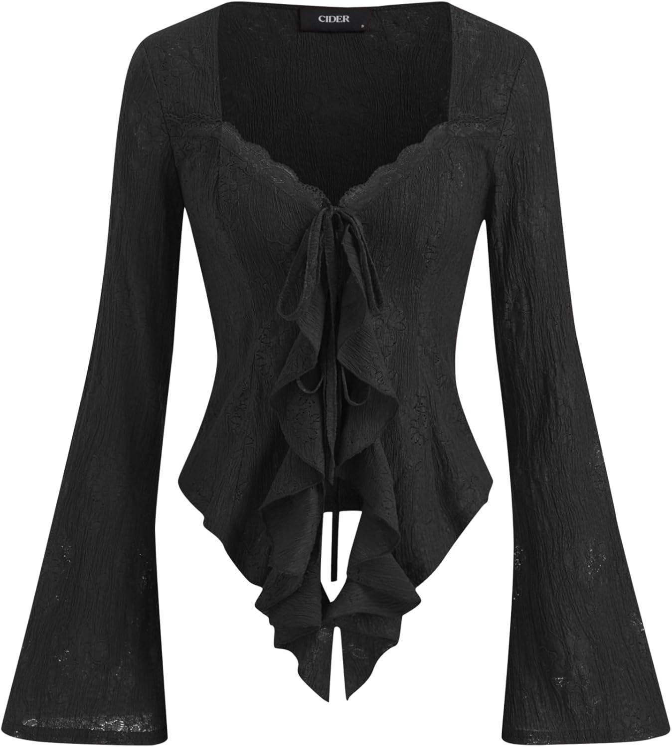 CIDER Womens Going Out Tops Lace Bell Long Sleeve Square Neck Ruffle Tie Front Tops