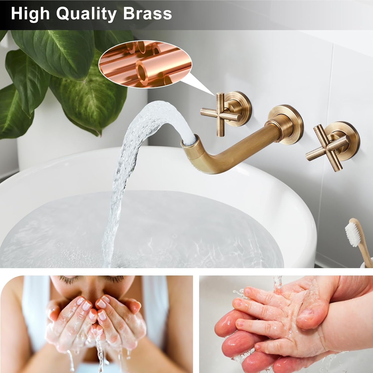 Midanya Wall Mounted Bathroom Sink Faucet,Double Handle 3 Holes Widespread Vanity Sink Mixer Tap with Rough in Valve Dual Cross Handles Faucets,Antique Brass