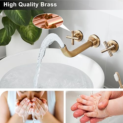 Miniatura 7 de Midanya Grifo de lavabo de baño montado en la pared, doble manija de 3 agujeros, grifo mezclador de lavabo de tocador con válvula áspera en doble