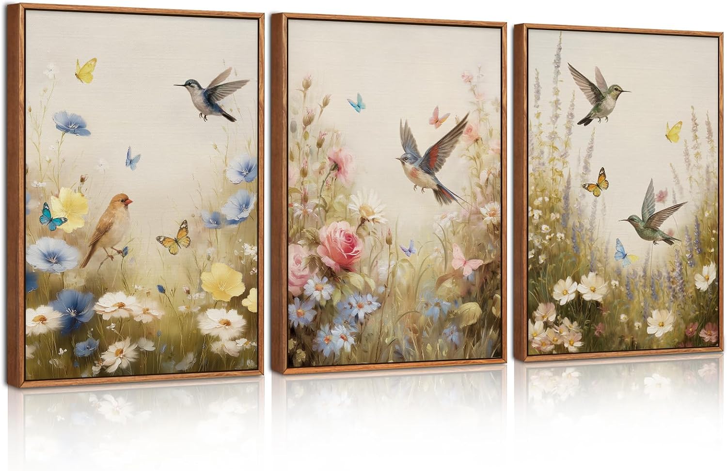 Celestdeco Wall Pictures with Frame Boho Wall Decoration Bird Flower Motif Vintage Pictures Wild Flowers Nature Wall Decoration Living Room and Dining Room Canvas Art Botanical 30 x 40 cm