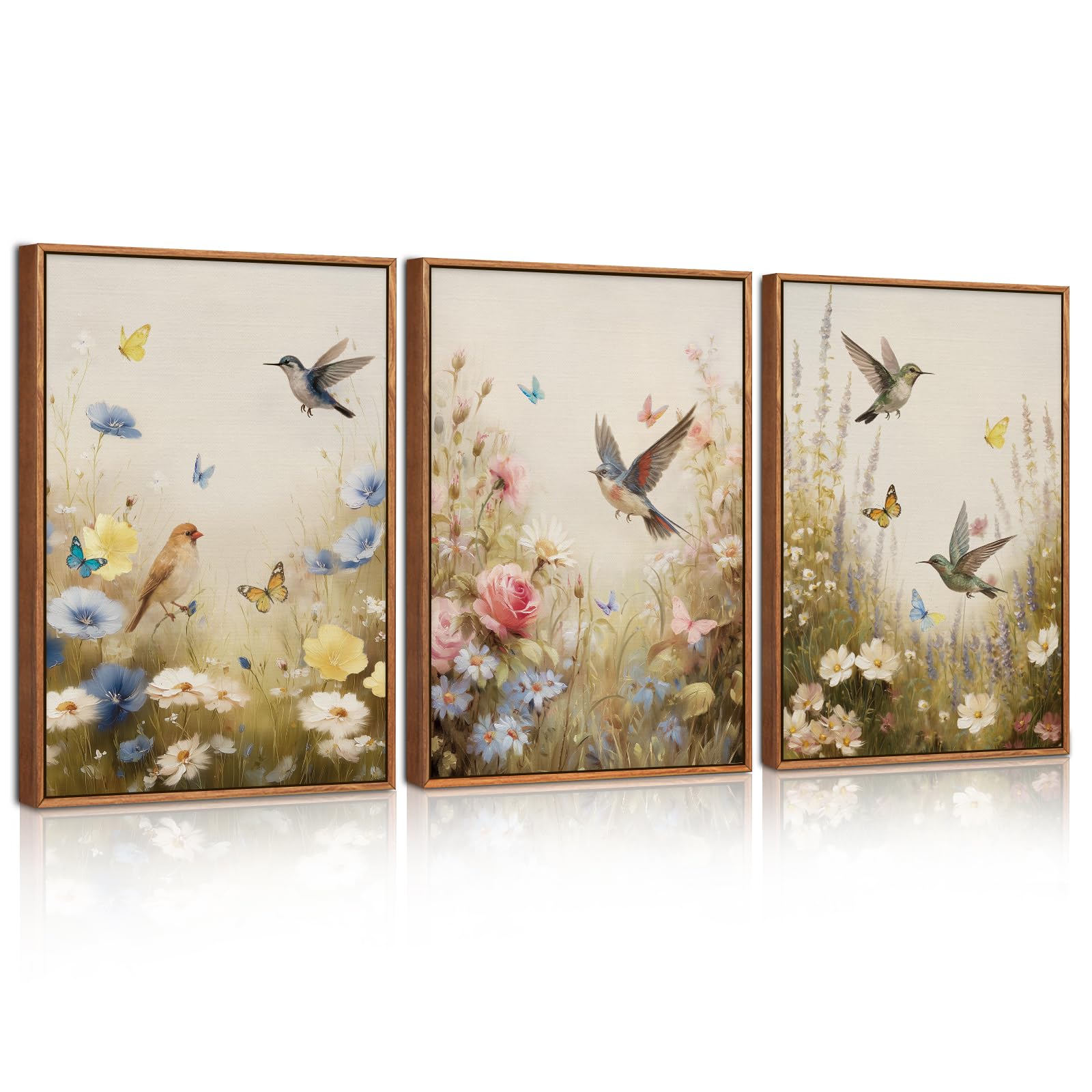 Celestdeco Floral Bird Framed Canvas Wall Art Garden Wildflower Artwork 30x40cm