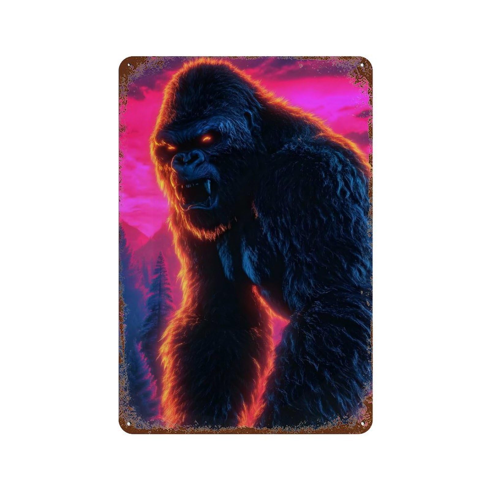 Furious Gorilla with Glowing Eyes Aged Metal Wall Plaque 11.8"x7.9", Farmhouse Wall Decor for Office, Studio And Wall Decor