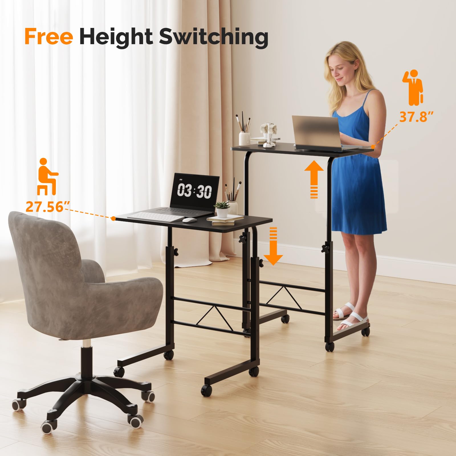FCH Computer Workstation Standing Desk Adjustable Height Small Computer Desk w Rolling Sit Stand Laptop Desk TV Tray — view 3