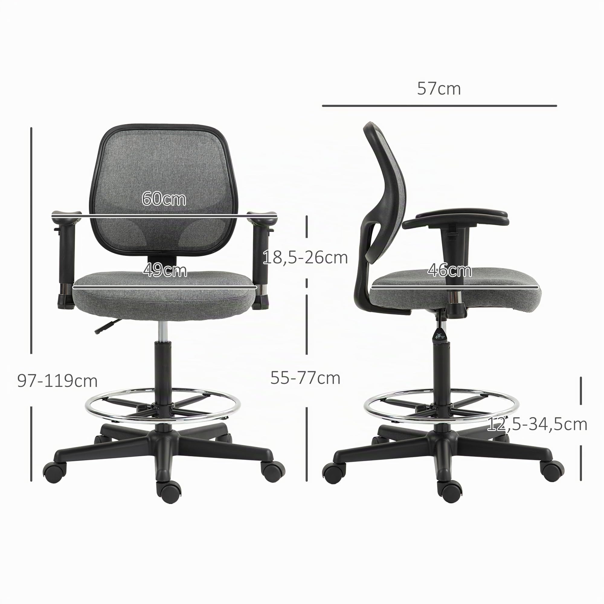 Vinsetto Fauteuil de Bureau Assise Réglable 60L x 57P x 97-119H cm Gris