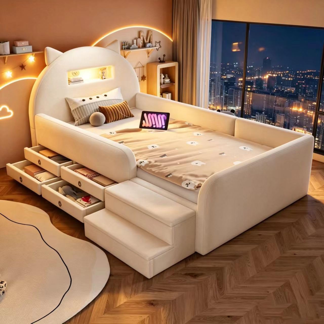 Merax Polsterbett Kinderbett 90x200 cm mit Ohren-Kopfteil, Nachtlicht, USB, Stufensitz & Schubladen – Beige (Ohne Matratze)