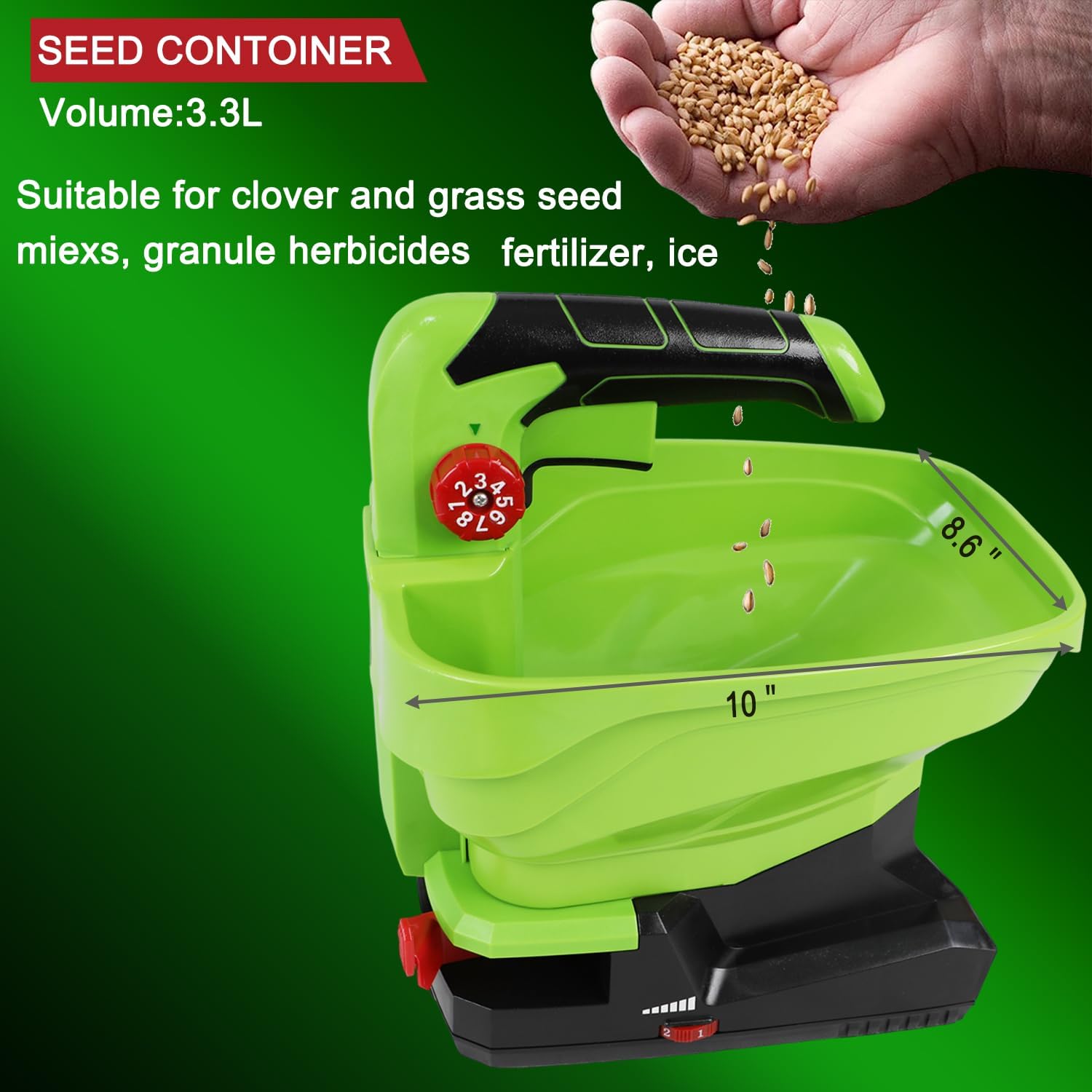 GARCARE 7.2V Cordless Seed Spreader - Capacity 3.3L, 2.0Ah Built-in Battery, Charging Cable Included, Handheld Fertilizer, 2.5h Standby Time, for Fertilizer, Seeds