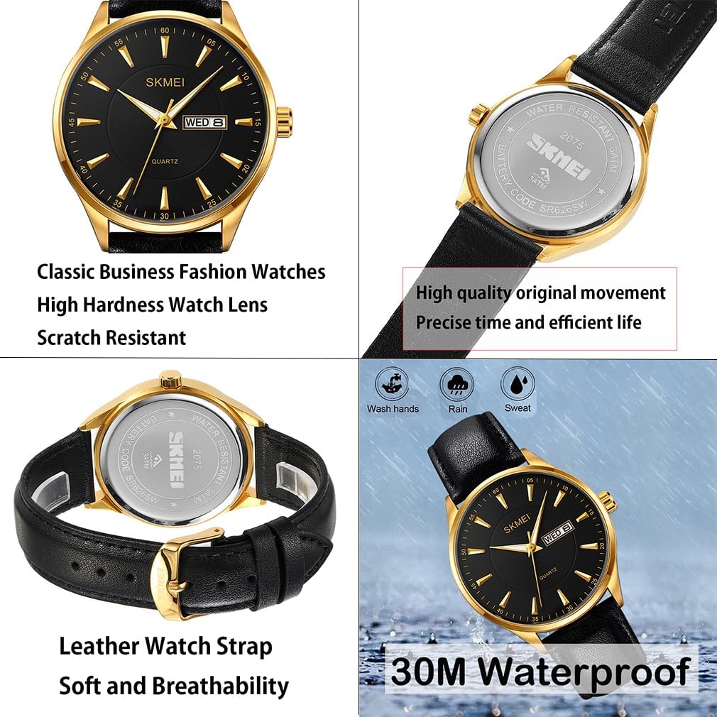 SKMEI Watches for Men Black Leather Fashion Business Dress Classic Casual Simple Analog Waterproof Elegant Dad Fathers Gifts Gold Wrist Watch - Image 4