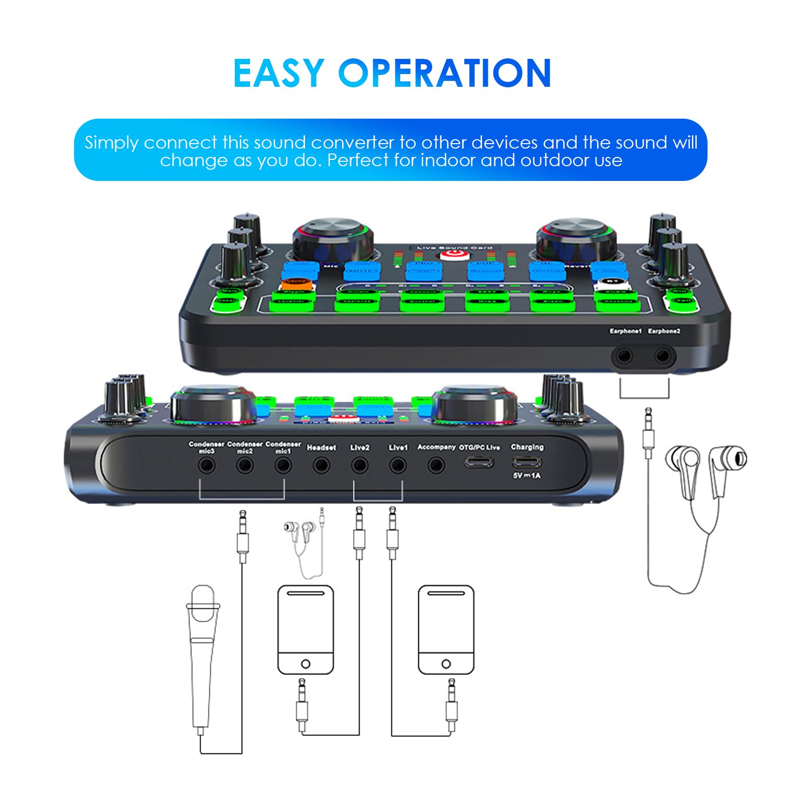 Scheda Live, Mini Scheda Mixer Bluetooth con Effetti Sonori, Scheda Mobile Esterna USB per Trasmissione Live, K Songs, Registrazione, Chat Vocale