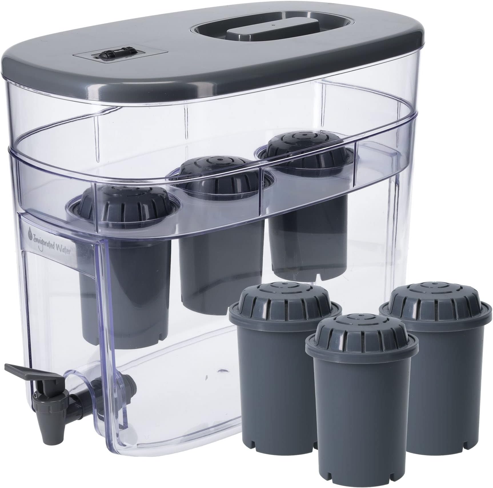 Invigorated WaterAlkaline Water Machine - Alkaline Water Filter System - Countertop Water Filter Dispenser for Home or Office - 300 Gallon Water Filter Capacity - 3 x pH001 Alkaline Filter (Grey)