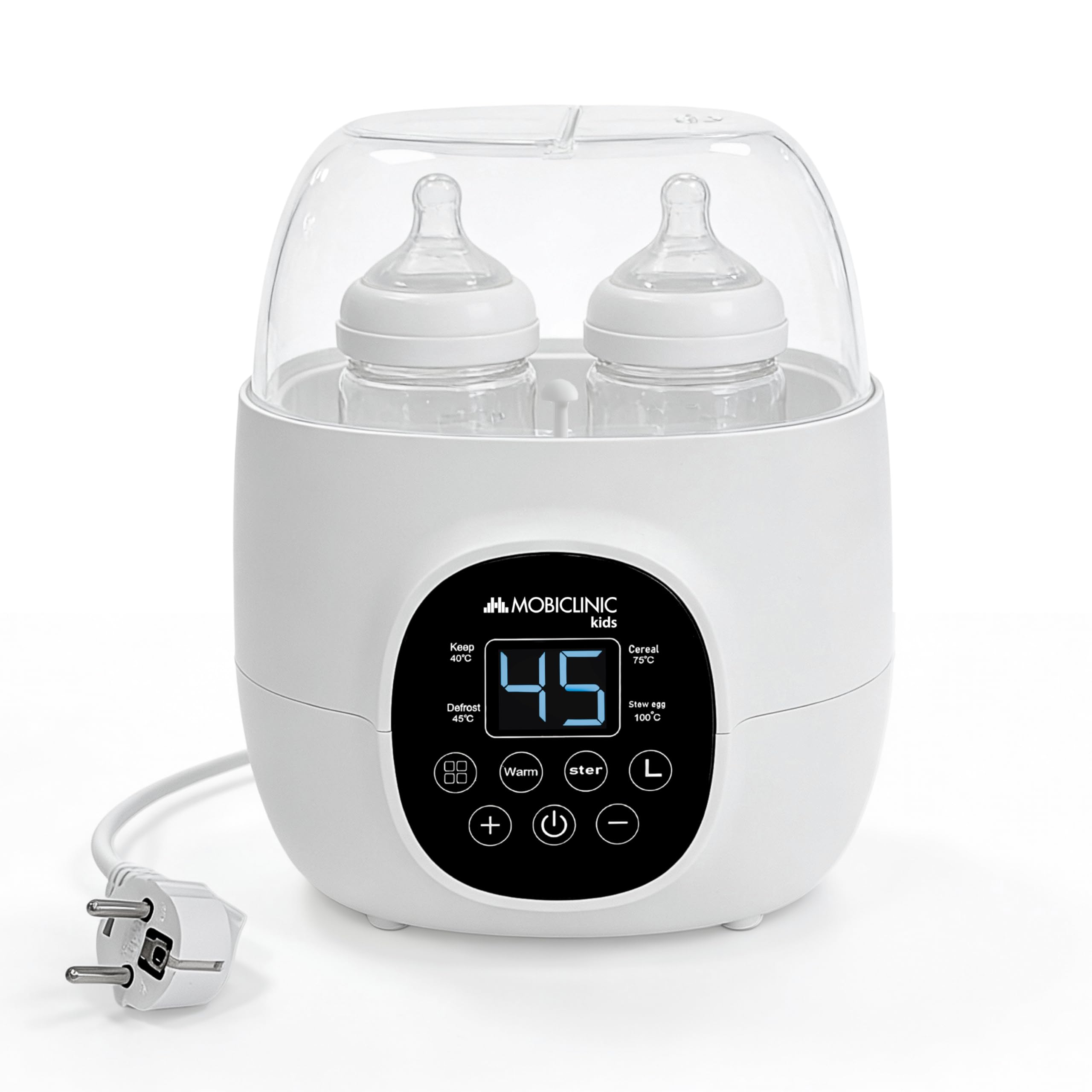 Mobiclinic®, Scaldabiberon e Sterilizzatore, 6 in 1, Doppia Capacità, Scongela, Programmabile, Mantiene la Temperatura, Riscaldamento Rapido, Latte Materno, Senza BPA, Schermo LCD, Compatto, Bibidu