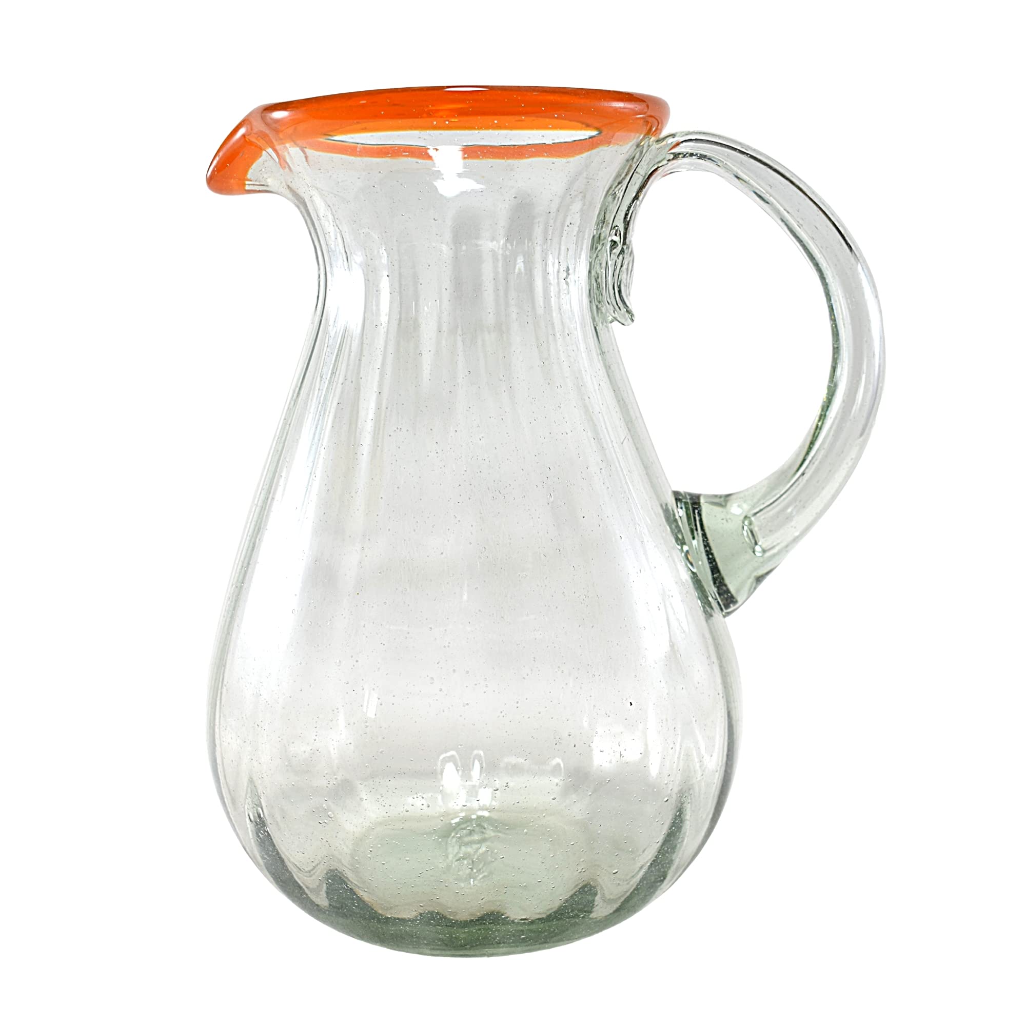 MAREY Mexican Glass Pitcher for Water | Blown Glass | Artisan Handcrafted from Mexico (Orange Rim, 77 Fl. Oz.)