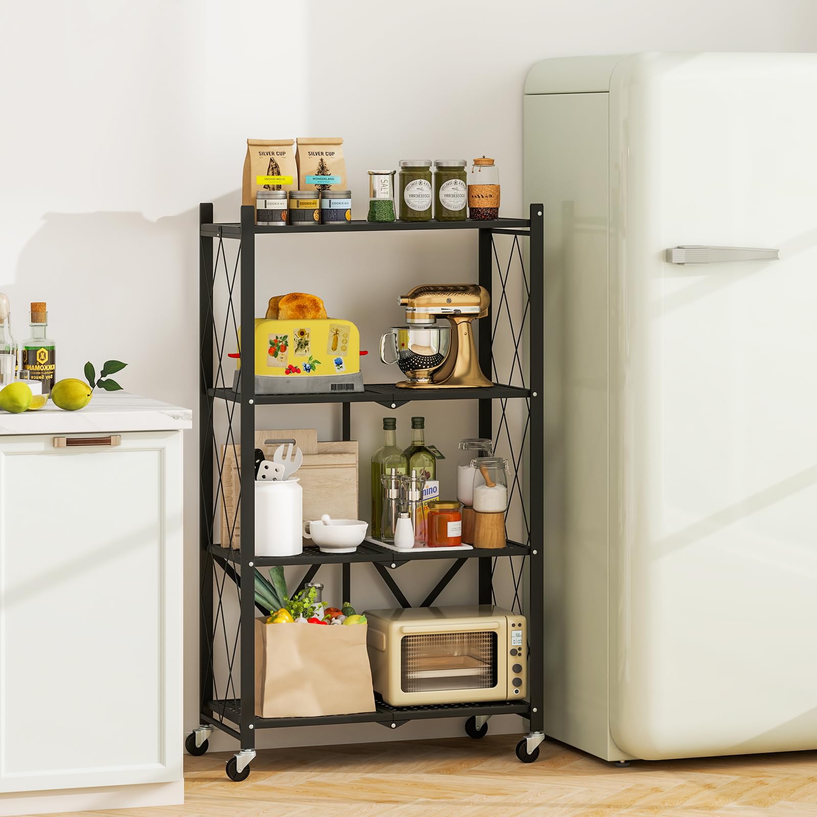 RELAX4LIFE Scaffale Pieghevole, Scaffale Metallico a 4 Livelli per Impieghi Gravosi con 4 Ruote Universali, Scaffale Organizzatore Salvaspazio per Cucina, Soggiorno, Studio, Nero