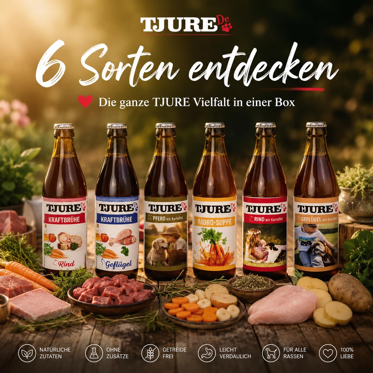 TJURE Hunde Smoothie All in One Paket | Huhn | Rind | Lamm | Moro | Geflügel | Pferd | 6 x 320ml | Als Topping & Snack für Hunde | Zutaten in Lebensmittelqualität | Getreidefrei | Made in Germany