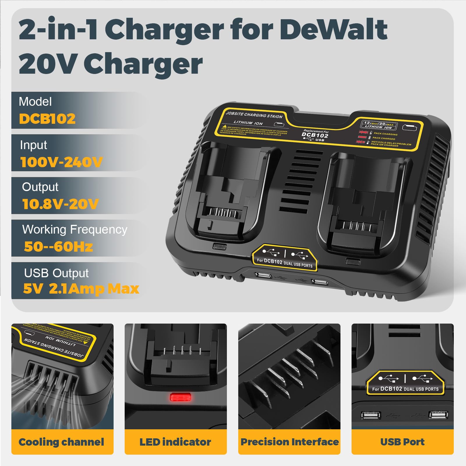 PENGJBATTER Paquete de 4 baterías de repuesto de 20 V 6.0 Ah para batería Dewalt de 20 V con cargador DCB102 de doble puerto de 20 V, batería de 20 V 6.0 Ah con cargador de 20 V compatible con